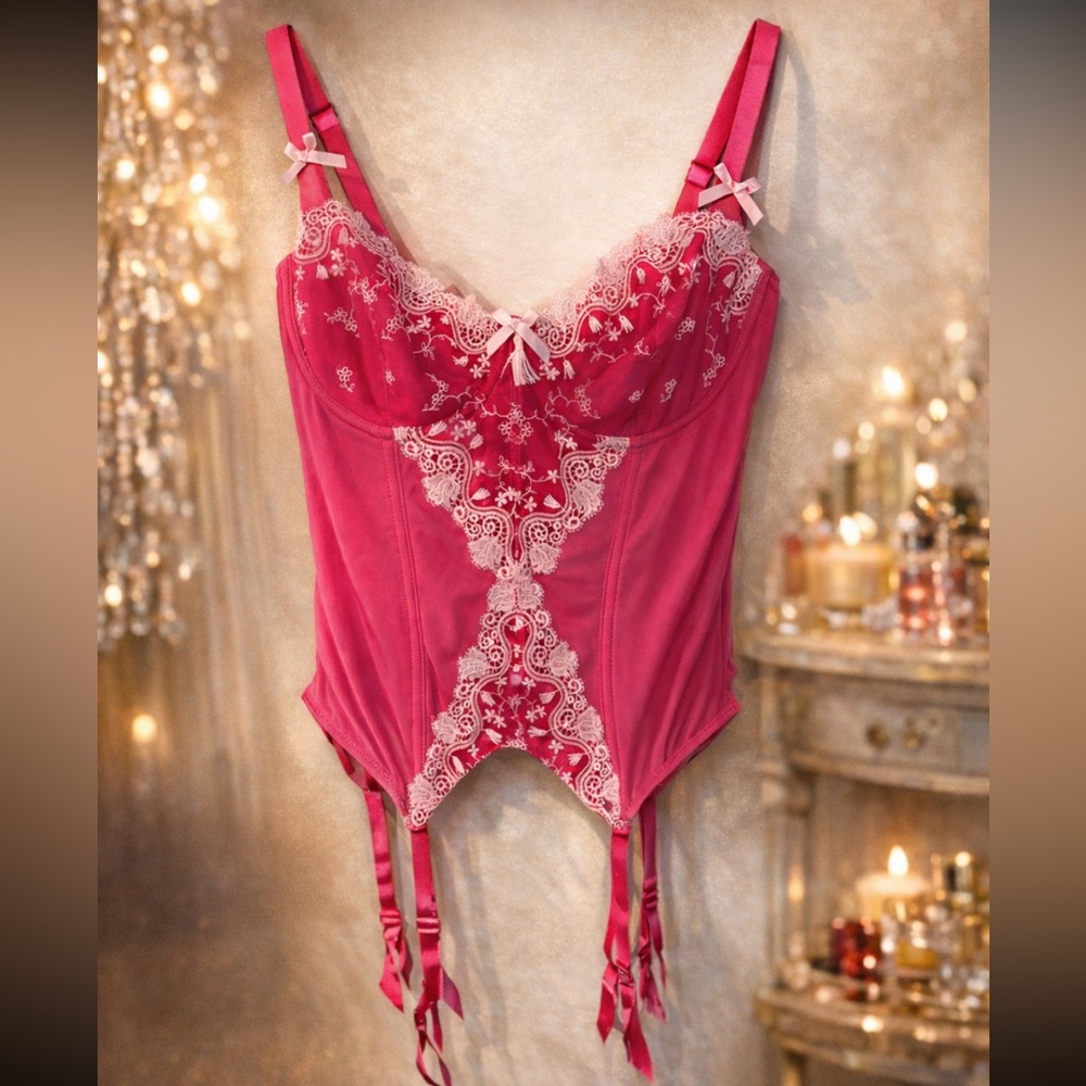 NWT Vintage Parfait Embroidered coquette girl Barbiecore pink sheer corset 36DD